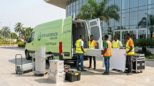 Équipe de livraison modulaire.africa avec véhicule électrique Eco-Logistics devant un centre d'exposition à Abidjan