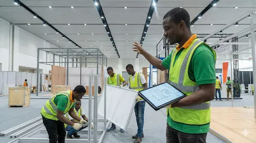 Chef de projet modulaire.africa supervisant l'installation d'un stand avec tablette